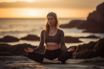 Fototapeta na wymiar Young woman practicing yoga on the beach at sunrise. Created with Generative AI technology.