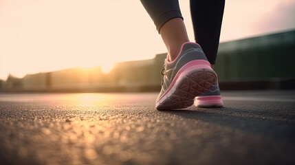 Female runner's legs on asphalt at sunset. Generative AI