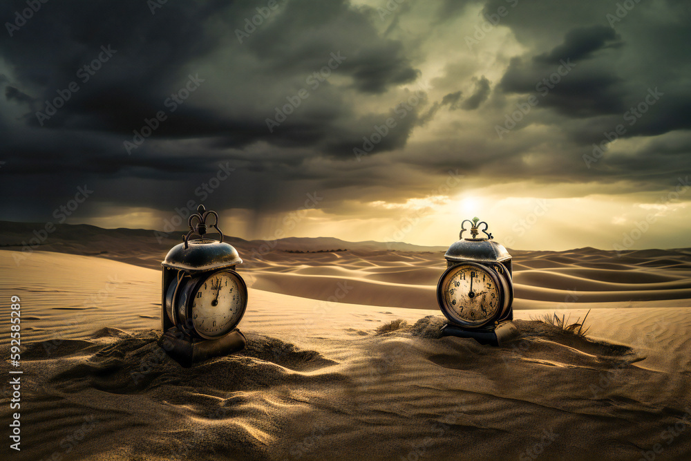 Poster old clocks on desert dunes at sunset. surreal time metaphor composition. time related concept. creat