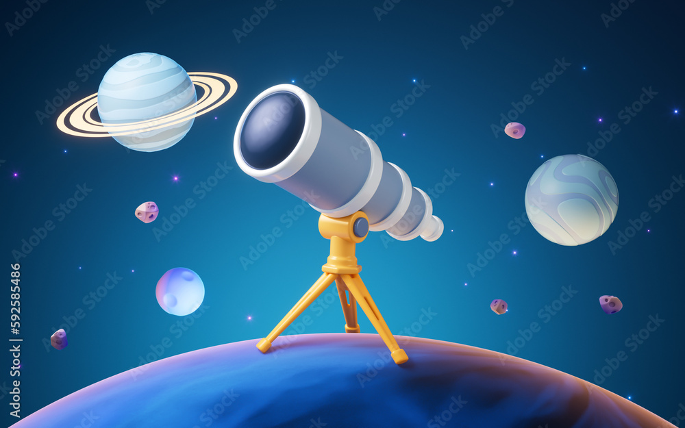 Poster telescope in outer space with cartoon style, 3d rendering.