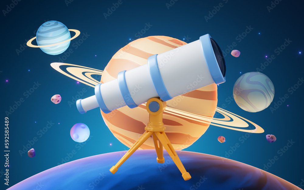 Poster telescope in outer space with cartoon style, 3d rendering.