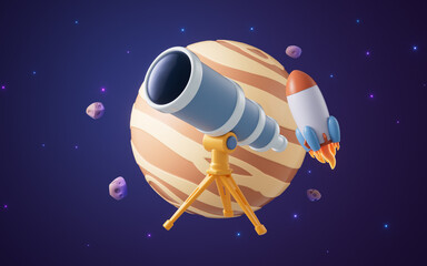 Telescope in outer space with cartoon style, 3d rendering.