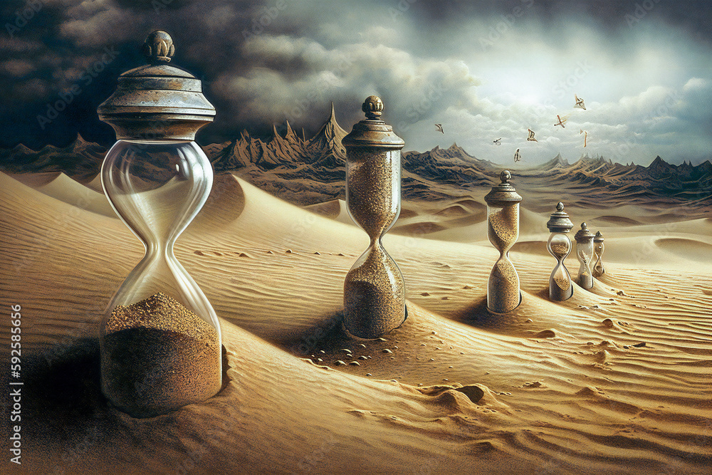 Poster old hour glasses on desert dunes at sunset. surreal time metaphor composition. time related concept.