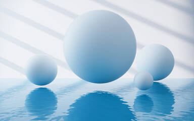 White spheres with water surface, 3d rendering.