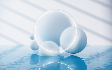 White spheres with water surface, 3d rendering.