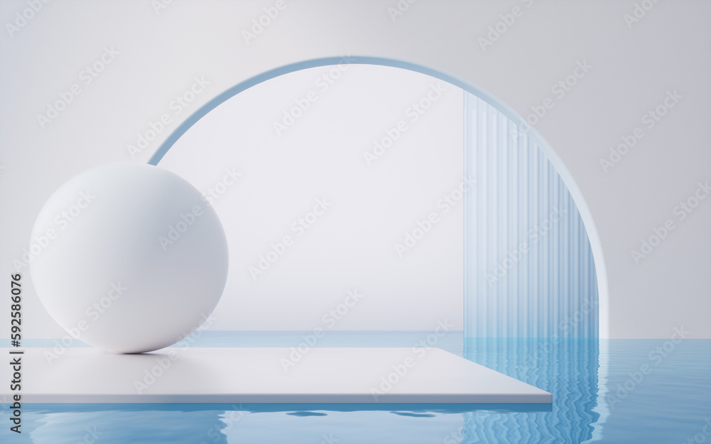 Poster empty stage with water surface, 3d rendering.