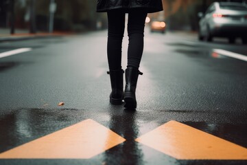 Fototapeta premium Girl walks along city road in black shoes, yellow arrows on pavement. Generative AI