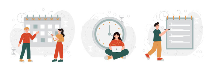 Set of cartoon characters showing good productivity performance. Young people managing their working schedule. Efficiency in business. Career goals achievement. Vector