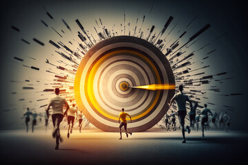 Obraz premium Personnes se dirigeant vers un cible géante - Symbole des affaires, du challenge, du succès - Générative IA