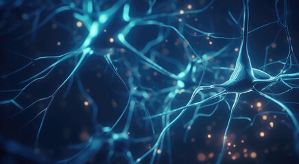 Naklejka na ściany i meble Conceptual illustration of neuron cells with glowing link knots. Blue green Neurons in brain on with focus effect. Synapse and Neuron cells sending electrical chemical signals. Generative ai 