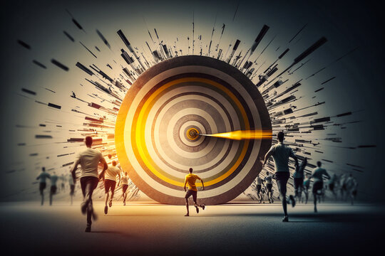 Personnes se dirigeant vers un cible g&eacute;ante - Symbole des affaires, du challenge, du succ&egrave;s - G&eacute;n&eacute;rative IA