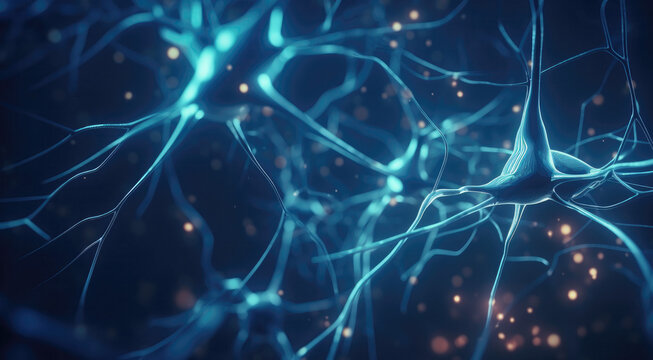 Conceptual illustration of neuron cells with glowing link knots. Blue green Neurons in brain on with focus effect. Synapse and Neuron cells sending electrical chemical signals. Generative ai	
