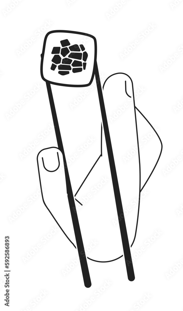 Poster holding sushi maki roll with chopsticks monochromatic flat vector first view hand. eating kappamaki.