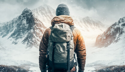 back view of a man with backpack stand in front of high mountain cover with snow, challenge concept, AI generative