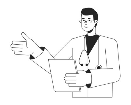 recommend clip art: Male doctor with medical clipboard flat line black white vector character. Editable isolated outline half body person. MD simple cartoon style spot illustration for web graphic design, animation