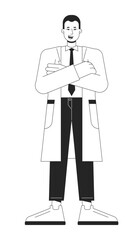Confident doctor in white coat flat line black white vector character. Editable isolated outline full body person. Healthcare simple cartoon style spot illustration for web graphic design, animation