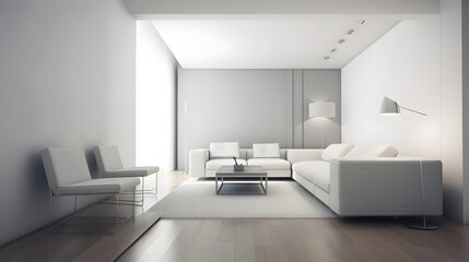Naklejka na ściany i meble Modern minimalist interior with an armchair on empty wall, concept of Minimal Color Palette and Clean Lines, created with technology
