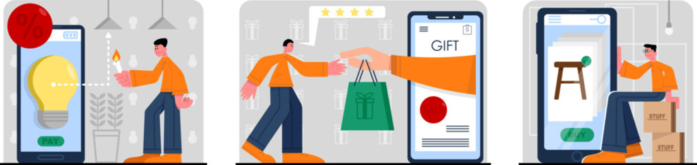 Set of cartoon characters of young people choosing goods when doing online shopping. Digital age and electronic commerce. Mobile app for making purchases over Internet. Vector