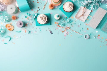 blue birthday party background with confetti and sweets. Ai generative