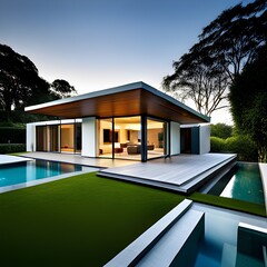 Fototapeta premium Modern Bungalow with pools, generated by AI