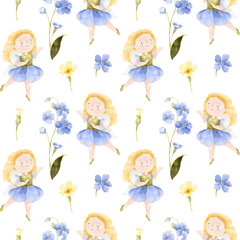 Fototapeta na wymiar Forget me not flower watercolor seamless pattern. Cute fairy illustra. Nursery kid graphics. Floral greenery botanical graphic set. Nature leaf girl collection. Spring summer illustration for kids