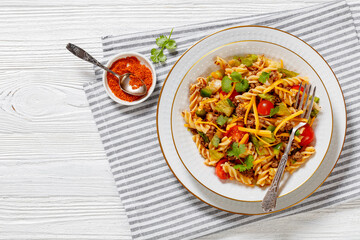 pasta salad with ground beef and veggies in bowl