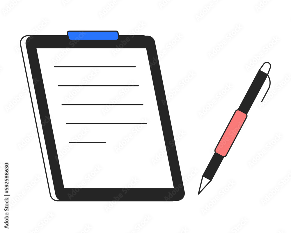 Poster paper clipboard with fountain pen flat line color vector objects. taking notes. editable lineart ico