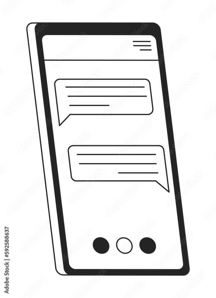 Poster tilted mobile phone with conversation in messenger flat line black white vector object. editable car
