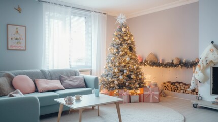 Fototapeta na wymiar Cozy Pink and Light Blue Modern Christmas Living Room with Decorated Tree and Presents. Generative AI illustration