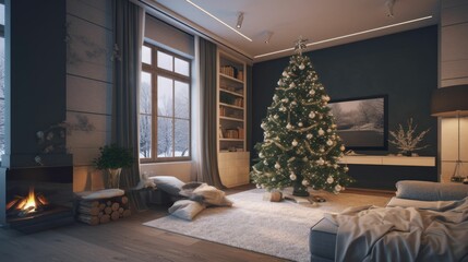 Cozy Modern Living Room Interior Design with Christmas decorations and Christmas Tree. Generative AI illustration.