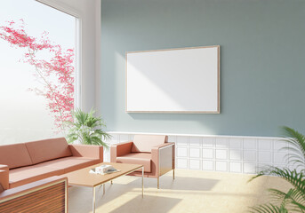 The light from the outside hit theframe on wall of the room and the sofa located inside. give a warm atmosphere.3d rendering.