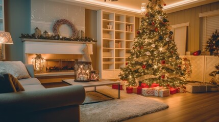 Cozy Modern Living Room Interior Design with Christmas decorations and Christmas Tree. Generative AI illustration.