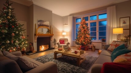 Cozy Modern Living Room Interior Design with Christmas decorations and Christmas Tree. Generative AI illustration.