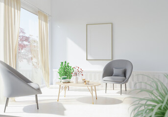 The light from the outside hit theframe on wall of the room and the sofa located inside. give a warm atmosphere.3d rendering.