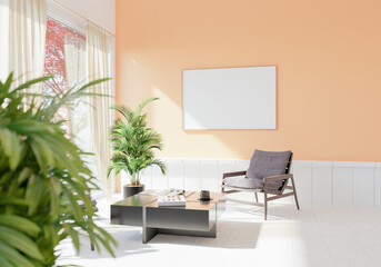 The light from the outside hit theframe on wall of the room and the sofa located inside. give a warm atmosphere.3d rendering.