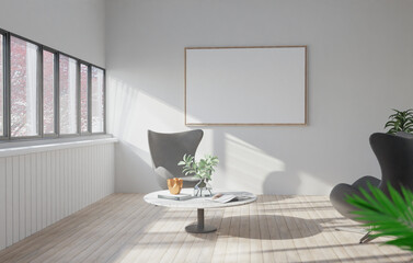 The light from the outside hit the frame on wall of the room and the chairs and coffee table located inside. give a warm atmosphere.3d rendering.