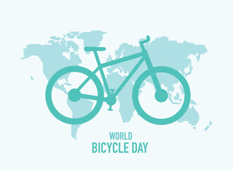 Fototapeta premium World Bicycle Day, bicycle sign, bicycle silhouette on world map background, vector illustration in flat style