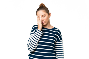 Young blonde woman over isolated chroma key background with headache