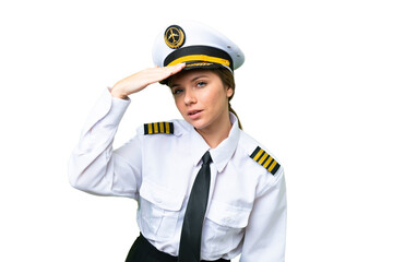 Airplane pilot woman over isolated chroma key background looking far away with hand to look something