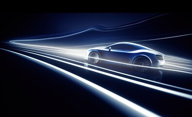 Obraz na płótnie Canvas futuristic sport car driving speedily with light reflections in the dark