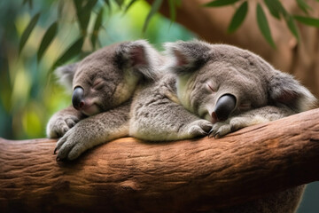 a pair of cute koalas sleeping in a tree