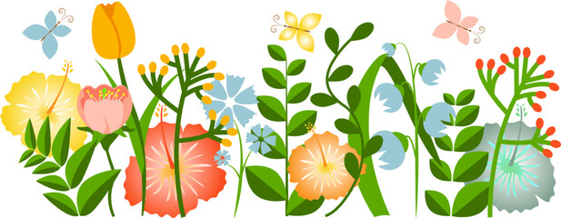 Flower border made of various garden plants and butterflies vector