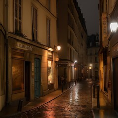 Obraz na płótnie Canvas The warm glow of streetlights on a rainy night at a cobblestone alleyway Generative AI