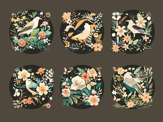 Spring Birds and Flowers ornaments illustration