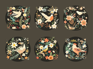 Spring Birds and Flowers ornaments illustration