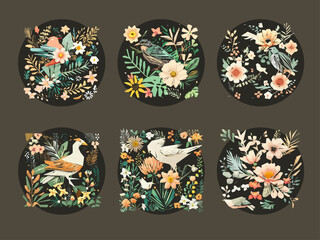 Spring Birds and Flowers ornaments illustration