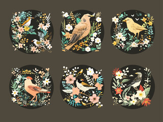 Spring Birds and Flowers ornaments illustration