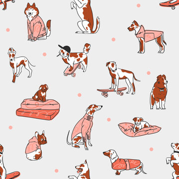Hand drawn vector abstract graphic line art seamless pattern with diverse cute cartoon dogs characters.Vector illustration of funny cartoon different breeds dogs in trendy flat style. Line dog icon.