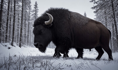 Big wild bison in the winter forest. Generative AI