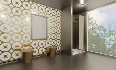 Scandinavian bathroom, classic  vintage interior design. 3D rendering.. Mockup.   Empty paintings